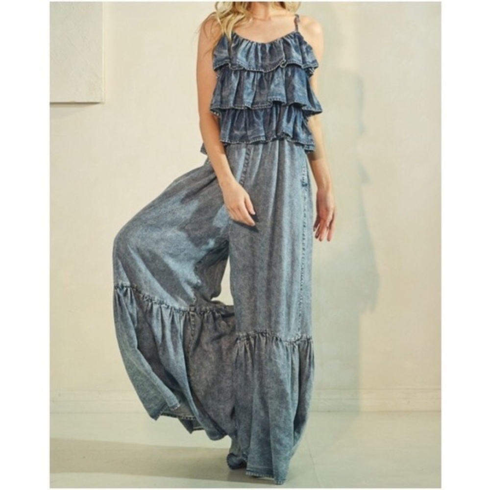 Oli & Hali Medium Wash Tencel Ruffle Detail Wide leg Jumpsuit - Picture 2 of 5
